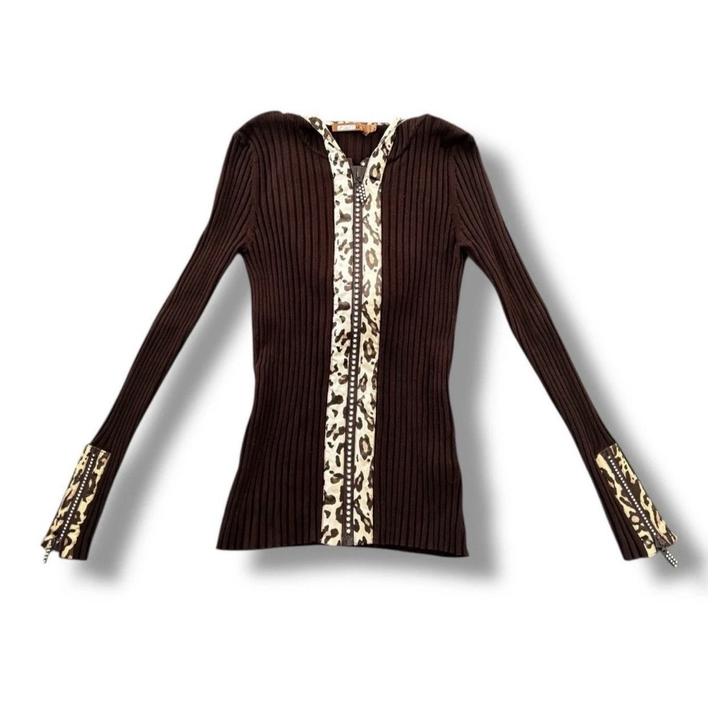Vtg 00s Belldini Ribbed Rhinestone Zip Cardigan Hood Sweater